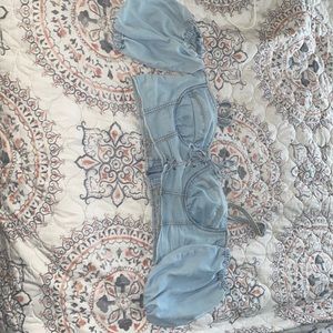 Jean cropped shirt off the shoulder.